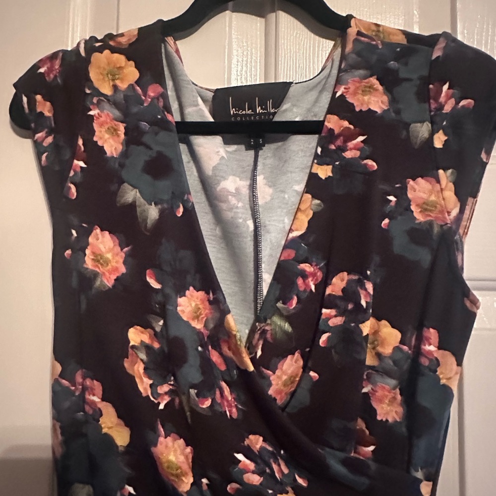 Nicole Miller Black Floral Faux-Wrap Dress